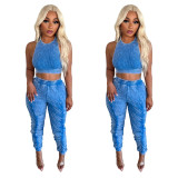 New Trendy Solid Color Sleeveless Vest Top Pleated Stacked Pants Summer Casual Women Two Piece Pants Set