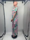 Sharee Good Quality Loose Casual Beach Dress Irregular Print Women's Thin Round Neck Short Sleeve Maxi Dress