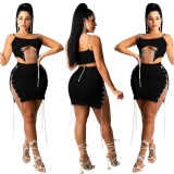 X5230 2023 fashion 4colors women 2 piece chain hollow top with strappy skirt two piece skirt set