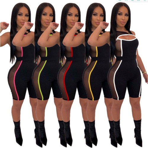 5 Colors Summer Striped Sexy Mesh Hollow Out Workout One Piece Rompers Women Jumpsuit 2023