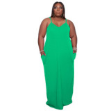 Summer 5Xl Plus Size Women's Dresses Clothing 2022 Casual Green Black Solid Color Halter Long Maxi Dress Ladies Slip Dress
