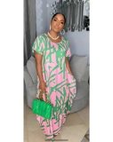Sharee Good Quality Loose Casual Beach Dress Irregular Print Women's Thin Round Neck Short Sleeve Maxi Dress