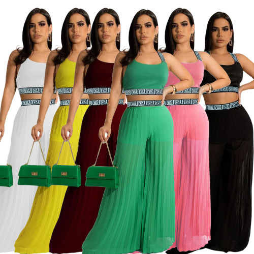 summer 2023 spaghetti strap crop top with wide leg pants casual designer brand chiffon two piece pants set