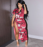 S390471 Baolingshop Camo Skirts Outfits 2 piece Set Women Boutique Clothing 2023 Street wear Button Shirts Split Long Skirt Camouflage Skirt Suits