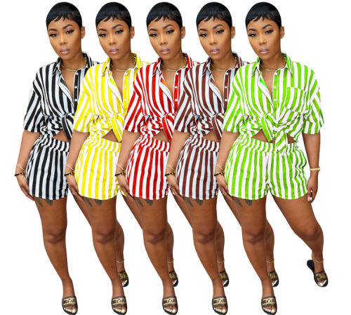 Ladies Boutique's Clothing 2023  Loose Button Shirts Shorts Two Piece Set Summer Women Outfits Casual Striped Shorts Set