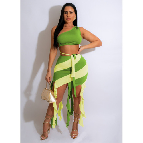 Contrasting Colors Women Two Piece Set Summer 2023 Tassel Patchwork Skirt 2 Piece Sexy Vacation Outfits For Woman