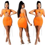 X5230 2023 fashion 4colors women 2 piece chain hollow top with strappy skirt two piece skirt set