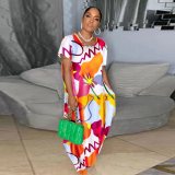 Sharee Good Quality Loose Casual Beach Dress Irregular Print Women's Thin Round Neck Short Sleeve Maxi Dress