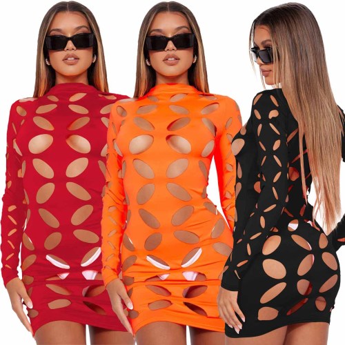 2023 New arrivals solid color long sleeve mid dresses fashion round neck hollowed out floral dress women's sexy dresses
