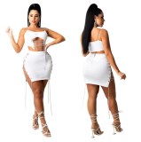 X5230 2023 fashion 4colors women 2 piece chain hollow top with strappy skirt two piece skirt set