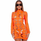 2023 New arrivals solid color long sleeve mid dresses fashion round neck hollowed out floral dress women's sexy dresses