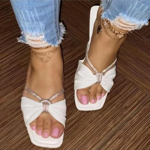 BUSY GIRL BT4574 Flat Sandals Wholesale Shoes Custom Slides Slippers Ladies Shiny V Lace Bow Women Shoes Slippers For Women