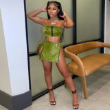 2023 Summer With Zipper Button Slit Women Two Piece Crop Top Leather Skirt Set Pu Women 2 Piece Sets