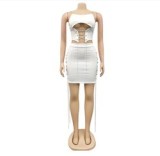 X5230 2023 fashion 4colors women 2 piece chain hollow top with strappy skirt two piece skirt set