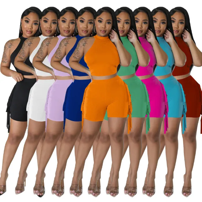 Fashion 2 Piece Short Set Women Summer 2023 Clothing Casual Sleeveless Tops And Tassel Short Two Piece Women Short Tracksuit Set