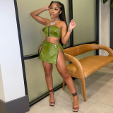 2023 Summer With Zipper Button Slit Women Two Piece Crop Top Leather Skirt Set Pu Women 2 Piece Sets