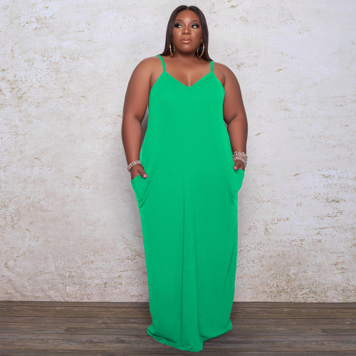 Summer 5Xl Plus Size Women's Dresses Clothing 2022 Casual Green Black Solid Color Halter Long Maxi Dress Ladies Slip Dress