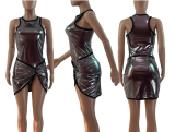Trending Women Clothes 2023 Sexy Club Glossy Skirt Two 2 Piece Set Summer Shinny bodysuits top mini metallic skirt set