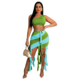 Contrasting Colors Women Two Piece Set Summer 2023 Tassel Patchwork Skirt 2 Piece Sexy Vacation Outfits For Woman