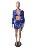 New Street Summer Sets Fashion Printed Long Sleeve Jacket Bra Bandage Skirt Three Piece Set Women Clothing