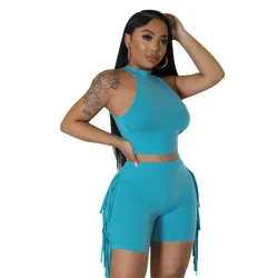 Fashion 2 Piece Short Set Women Summer 2023 Clothing Casual Sleeveless Tops And Tassel Short Two Piece Women Short Tracksuit Set