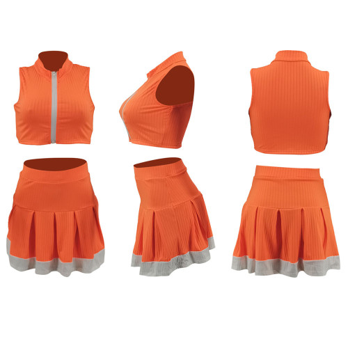 2023 women sports zip up sleeveless to with pleated skirt rib knitted summer 2 piece tennis skirts set