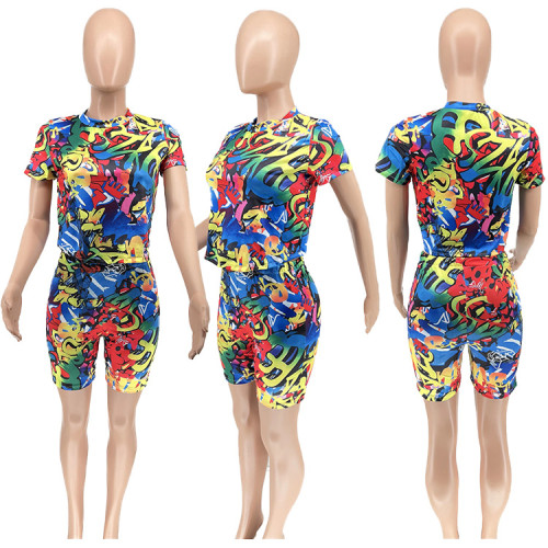 W 2023 Summer shorts Street 2-piece fashion graffiti print crewneck short sleeve casual sports suit