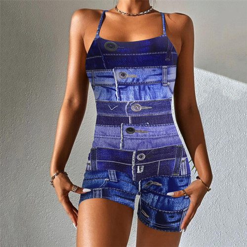 spaghetti strap printed jeans color short jumpsuit for women 2023 Summer New Arrive Romper