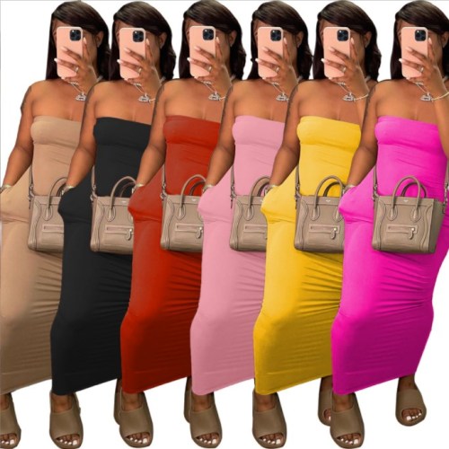 Women's Summer Fashion Elegant Solid Color Party Casual Bodycon Maxi Dresses Sundress Sexy Mature Tube Top Long Tight Dress