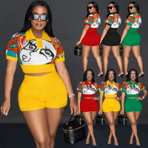 Sharee 2023 Summer Women Clothing 2 Pieces Cartoon Pattern Rib Knitted Top Shorts Sets Fashionable Woman Shorts Set