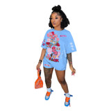 Cute Outfits 2 Piece Sets Women Street Trendy Letter Print Loose Oversized T Shirt and Short Two Piece Custom Biker Shorts Set