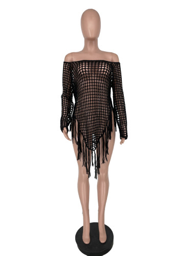 Long Sleeve Hollow Out fishnet Crochet Beachwear For Women 2023 Summer Hollow knitted Swimwear Mini Dress