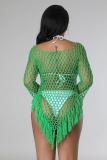 Long Sleeve Hollow Out fishnet Crochet Beachwear For Women 2023 Summer Hollow knitted Swimwear Mini Dress