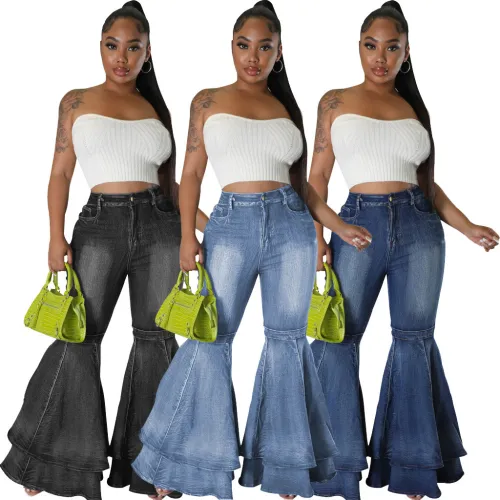 Baolingshop HSF2645 Hot Selling Fashion Versatile Wide Leg Washed Denim Elastic Bell Pants jeans