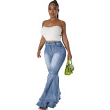 Baolingshop HSF2645 Hot Selling Fashion Versatile Wide Leg Washed Denim Elastic Bell Pants jeans