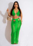 Sexy summer beach crochet knitted hollow out two pieces skirt set with backless halter crop top and long skirt
