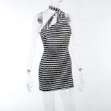 summer black and white striped backless sloping shoulder sexy mini dress