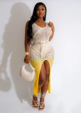 New Sexy summer gradient color sleeveless long slit knitted crochet dress beach dress hollow out dress