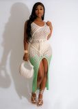 New Sexy summer gradient color sleeveless long slit knitted crochet dress beach dress hollow out dress