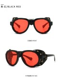 INS Fashion Hot Sale Street Shoot Sunglasses Colorful Lens Sunglasses Leather Polarized Round Steampunk Sunglasses