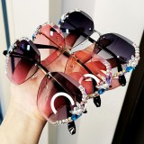 High Quality Retro Cutting Lens Round Sun Glasses Female Metal Rhinestone Rimless Colorful Gradient Sunglasses