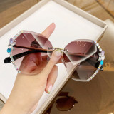 High Quality Retro Cutting Lens Round Sun Glasses Female Metal Rhinestone Rimless Colorful Gradient Sunglasses