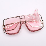 2023 Hot selling big frame metal butterfly glitter powder sunglasses Punk personality ISN one piece oversized bling Sunglasses