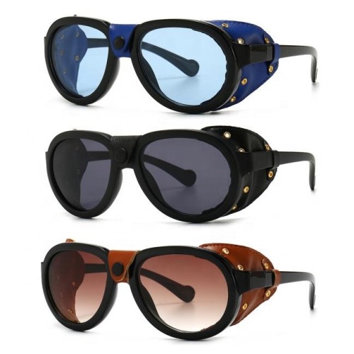INS Fashion Hot Sale Street Shoot Sunglasses Colorful Lens Sunglasses Leather Polarized Round Steampunk Sunglasses