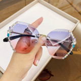 High Quality Retro Cutting Lens Round Sun Glasses Female Metal Rhinestone Rimless Colorful Gradient Sunglasses