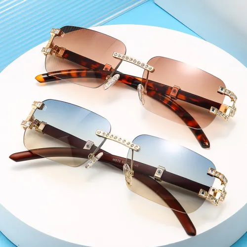 LBAshades Vintage Rhinestone Rectangle Rimless Sun Glasses Luxury Frame Women Men Retro Sunglasses Diamond sunglass