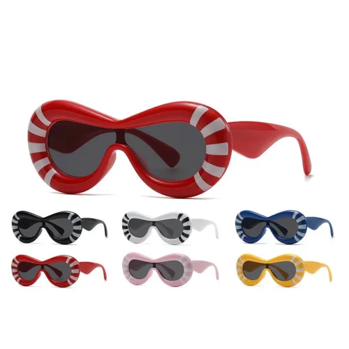 Wholesale Hot Selling INS Fashion Thick Frame Oval Round Striped Eyewear Inflated Sunglasses for Women Men