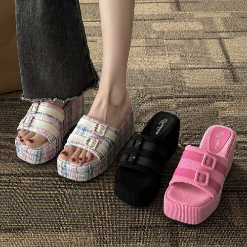 Summer New Wide Face Buckle Strap High Heel Slippers Sole Cool Slippers Wearing Women's Step on Sandals Outside