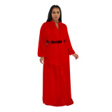 C6362 Fashion Women's Solid Color V-Neck Long Sleeve Dress with Belt