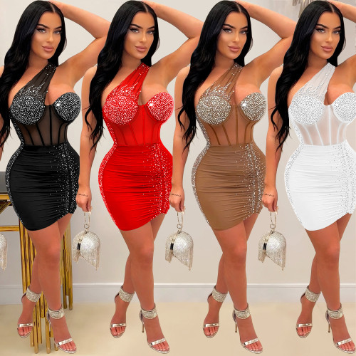 C6307 Fashion Women's Solid Color Hot Diamond Mesh Sleeveless Oblique Neck Short Dress Dresses